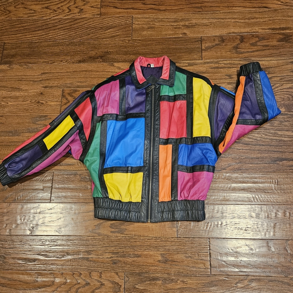 PRESTON & YORK Vintage Leather Multi-Colored Window Pane Bomber Jacket - Small